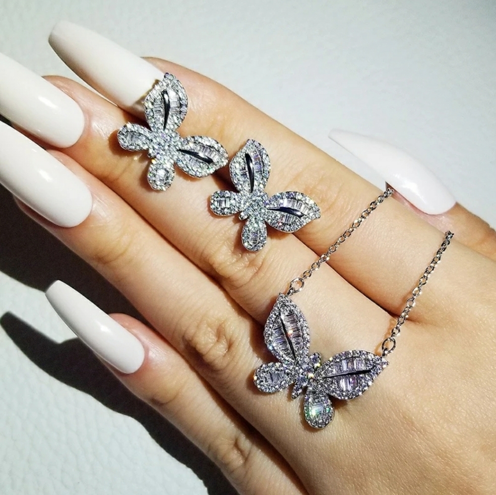 FINAL SALE Silver White Sapphire Round Baguette Butterfly Ear &…